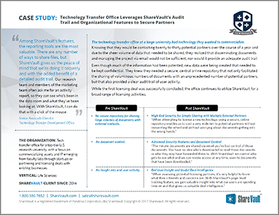 Technology Transfer Office Leverages ShareVault’s Audit Trail and Organizational Features to Secure Partners