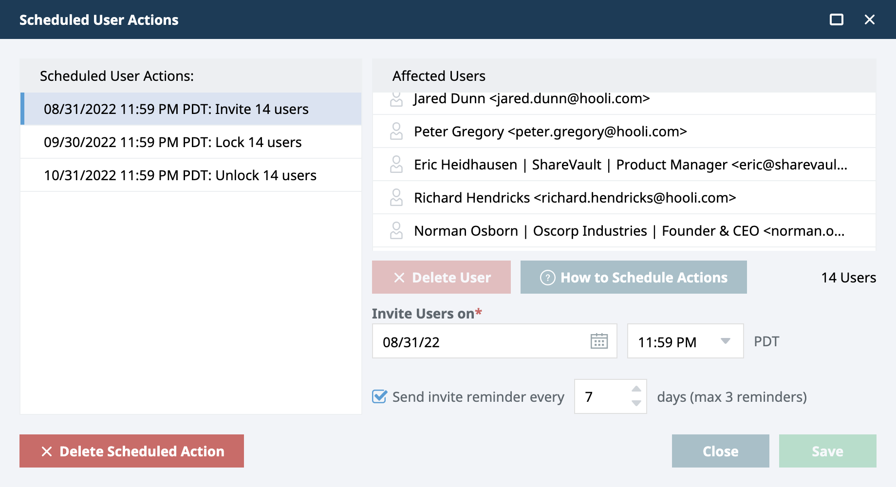 ShareVault Scheduled User Actions